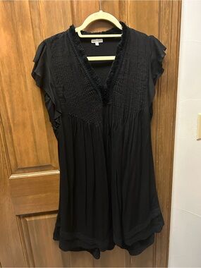 Poupette St. Barth Black V-Neck Pintuck Ruffle Tunic